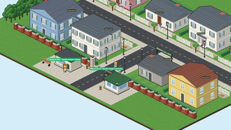Vanilla Heights: Marjorie's sales office, Officer Grant at the gate and the houses on Magnolia Lane