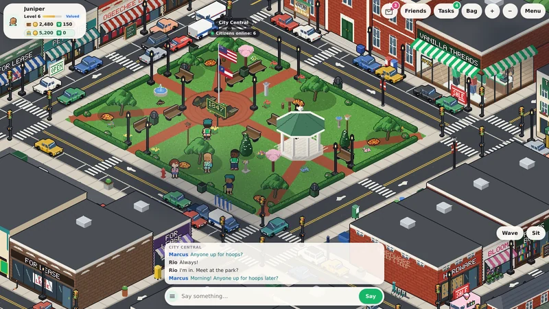 The square in City Central on a sunny morning, with what you see while you play: your level and money at the top left, Tasks and Bag at the top right, the chat at the bottom